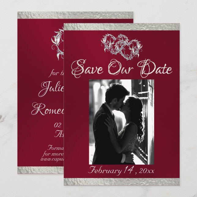 Photo, Hearts & Ribbon - Burgundy/Silver Save The Date (Front/Back)