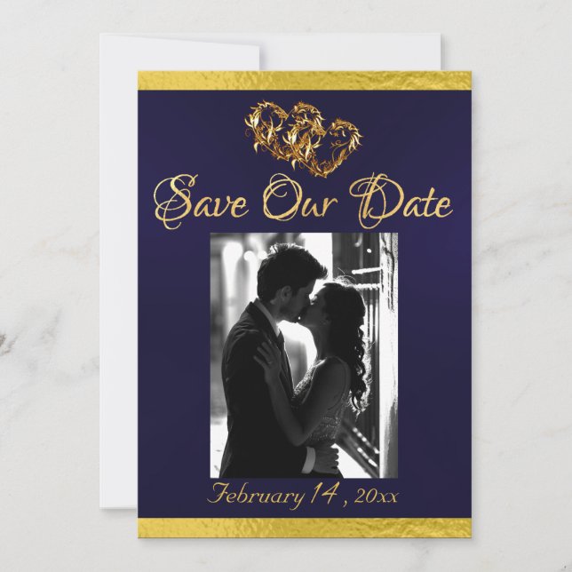 Photo, Hearts & Ribbon - Navy/Gold Save The Date (Front)
