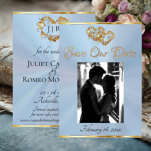 Photo, Hearts & Ribbon - Pastel Blue/Gold  Save The Date