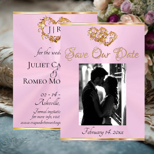 Photo, Hearts & Ribbon - Pastel Pink/Gold  Save The Date