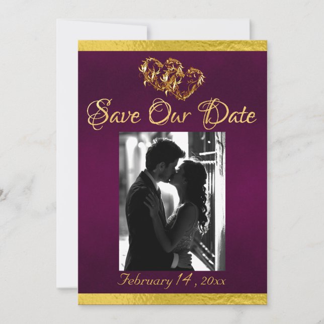 Photo, Hearts & Ribbon - Purple/Gold Save The Date (Front)