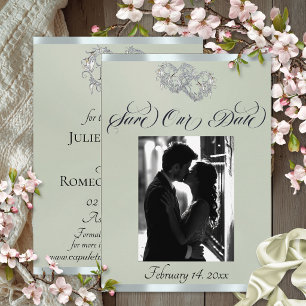 Photo, Hearts & Ribbon - Sage Pearl/Silver Save The Date
