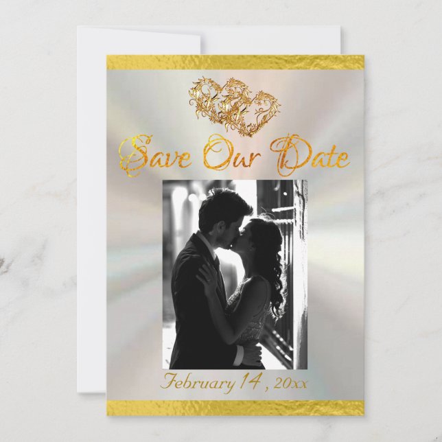 Photo, Hearts & Ribbon - White Pearl/Gold Save The Date (Front)