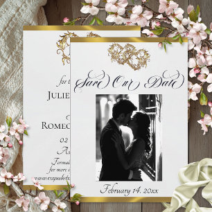Photo, Hearts & Ribbon - White Pearl/Gold Save The Date