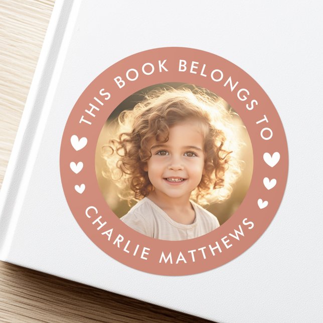 Photo hearts terracotta brown library book label (Photo hearts terracotta brown library book label)