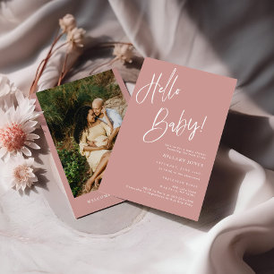Photo Hello Baby Dusty Pink/Rose Boho Baby Shower Invitation