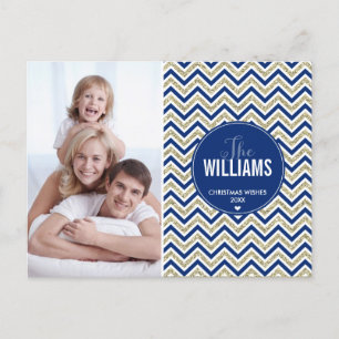 PHOTO HOLIDAY CARD chevron glitter pale gold navy