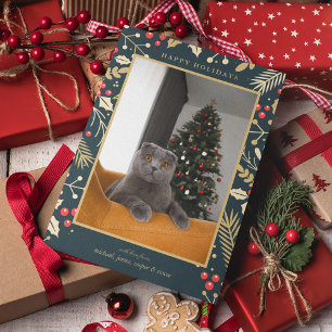PHOTO HOLIDAY Golden Christmas Holly & Berries Card
