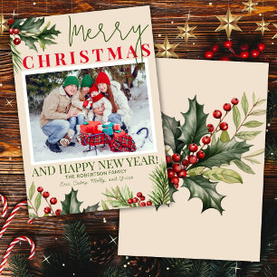 Photo Holly Pine Red Berries Beige Christmas Card