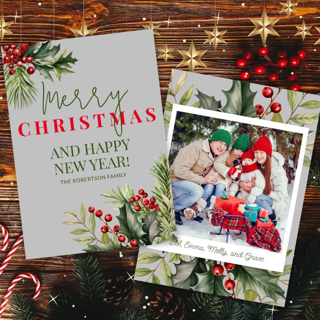 Photo Holly Pine Red Berries Grey Christmas Card (Creator Uploaded)