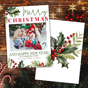 Photo Holly Pine Red Berries White Christmas Card