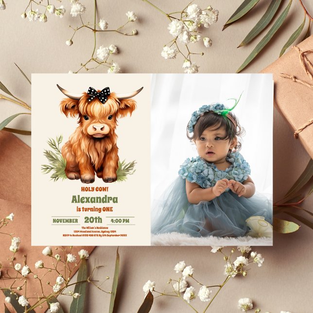 Photo Holy Cow Highland  1st First Birthday Invitation (Creator Uploaded)