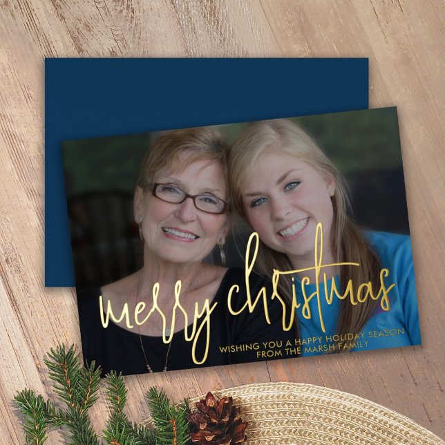 Photo horizontal Merry Christmas - navy blue gold Foil Holiday Card (Creator Uploaded)