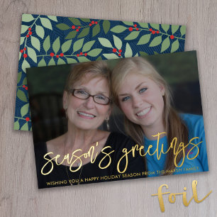 Photo horizontal Season's Greetings botanical gold Foil Holiday Card