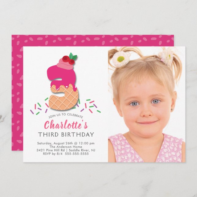 Photo Ice Cream 3RD Birthday Invitation (Front/Back)
