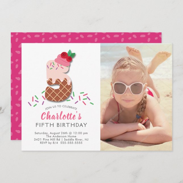 Photo Ice Cream 5TH Birthday Invitation (Front/Back)
