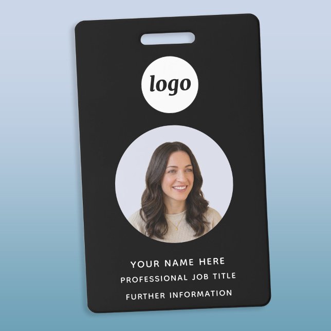 Photo ID Clean Professional Black Name Badge (Simple logo custom text business photo ID name badge)