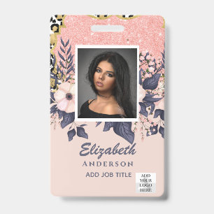 PHOTO-ID Employee VIP PASS Girly Glitter Flowers ID Badge