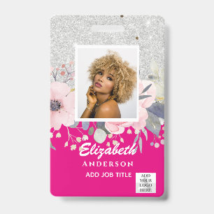 PHOTO-ID Employee VIP PASS Girly Glitter Flowers ID Badge