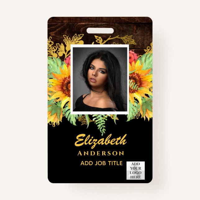 PHOTO-ID Employee VIP PASS RUSTIC Sunflowers ID Badge (Front)