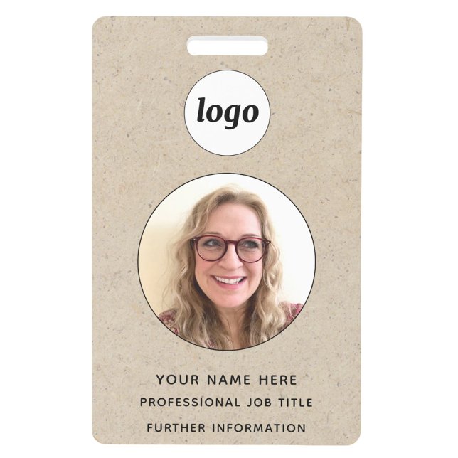Photo ID Professional Brown Paper Effect Name Badge (Simple logo with custom text business branding promotional photo ID badge name tag)