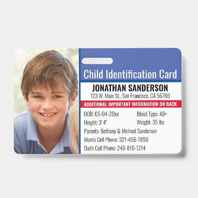 Photo Identification Emergency Allergy Child ID Badge (Front)