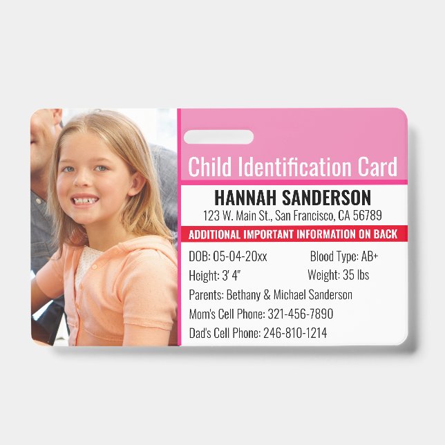 Photo Identification Emergency Allergy Child ID Badge (Front)