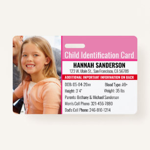 Photo Identification Emergency Allergy Child ID ID Badge