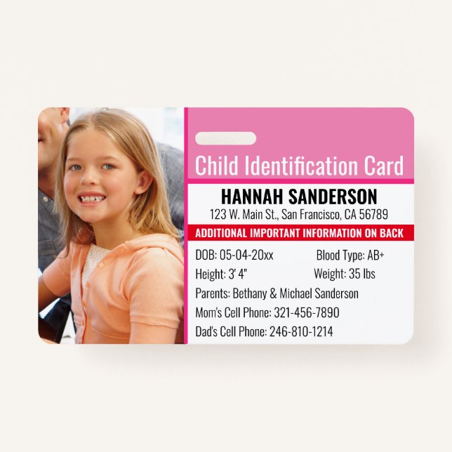 Photo Identification Emergency Allergy Child ID ID Badge (Front)