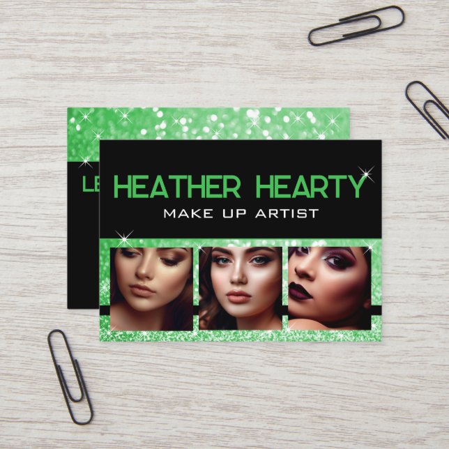 Photo Image Template Luxury Green Glitter Stars  Business Card (Front/Back In Situ)