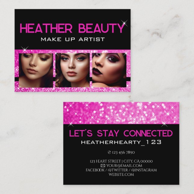 Photo Image Template Luxury Neon Girl Pink Glitter Business Card (Front/Back)