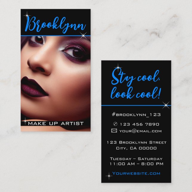 Photo Image Template Modern Cool Neon Blue Slogan Business Card (Front/Back)
