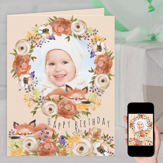 Photo in Floral Wreath with Woodland Fox Birthday Card (Creator Uploaded)