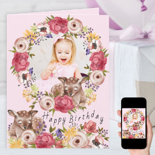 Photo in Floral Wreath Woodland Deer Pink Birthday Card