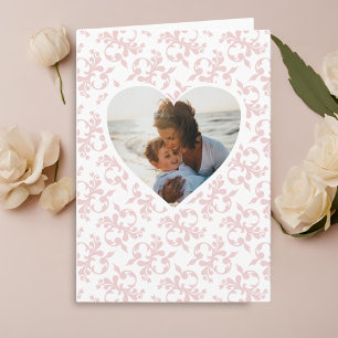Photo in Heart Pink Rococo Pattern Mother`s Day  Card
