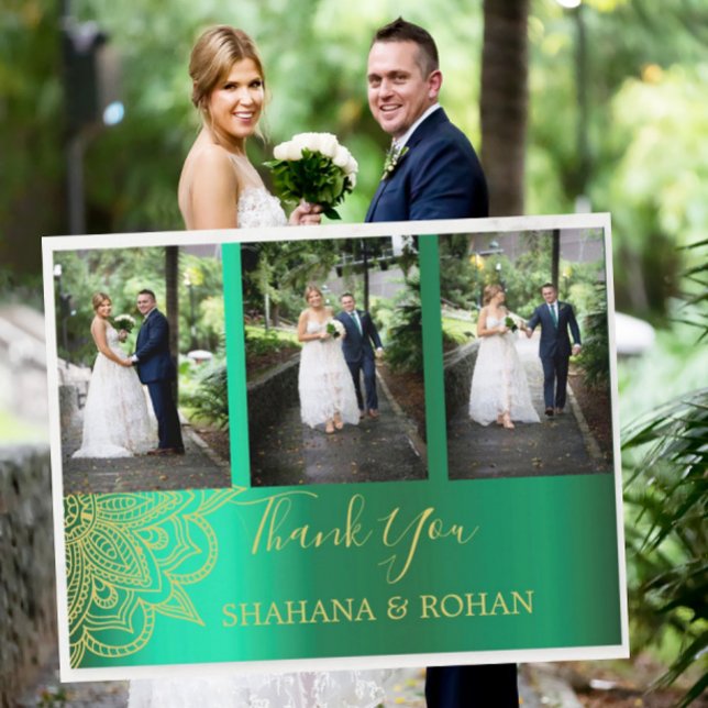Photo Indian Style Green Gold Wedding Thank You Postcard (Creator Uploaded)