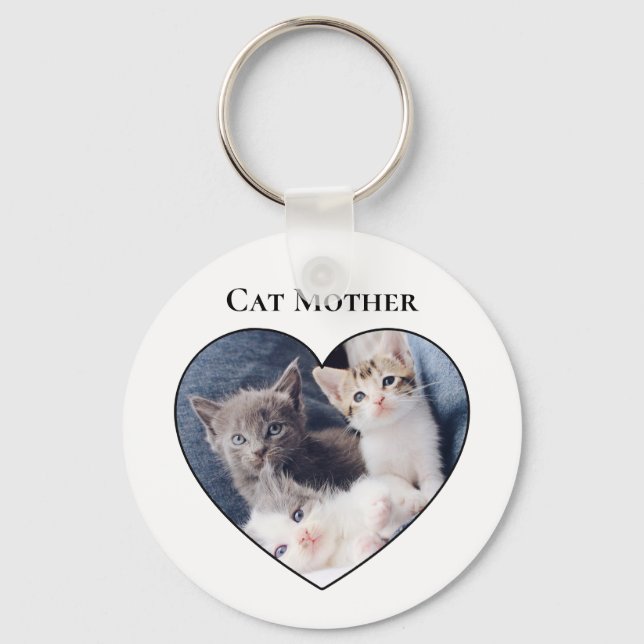 Photo Inside Heart Shape Cat Mother's Day Button Key Ring (Front)