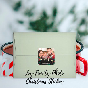 Photo Joy Black Red Green Gold Greenery Christmas Square Sticker