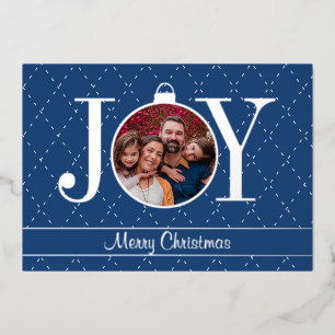 Photo JOY Blue White Christmas Silver Foil Holiday Card