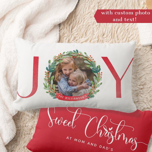 Photo, Joy Photo Overlay Greenery Holly Wreath Lumbar Cushion (Creator Uploaded)