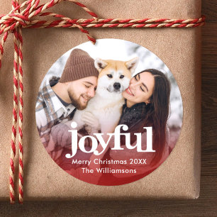 Photo Joyful Bold Typography Modern Red Christmas Classic Round Sticker