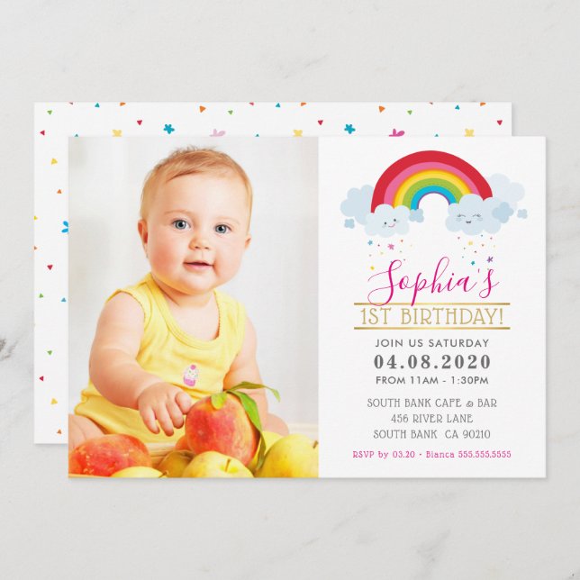 PHOTO KIDS BIRTHDAY PARTY colourful bright rainbow Invitation (Front/Back)