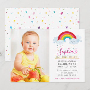 PHOTO KIDS BIRTHDAY PARTY colourful bright rainbow Invitation