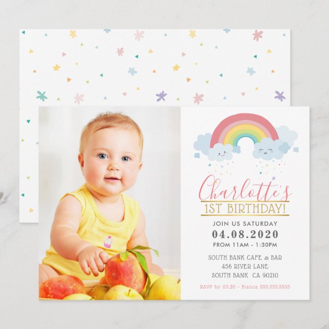PHOTO KIDS BIRTHDAY PARTY colourful pastel rainbow Invitation (Front/Back)