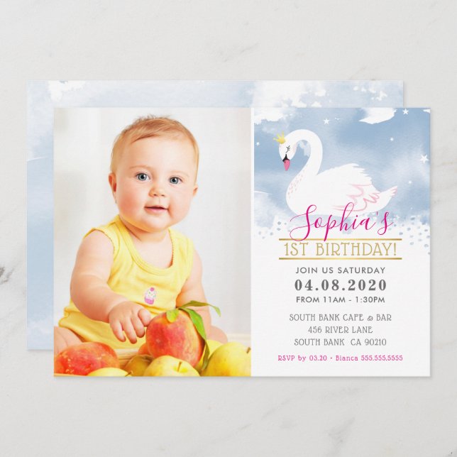 PHOTO KIDS BIRTHDAY PARTY swan princess blue pink Invitation (Front/Back)