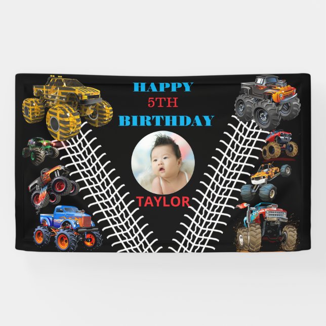 Photo Kids Monster Trucks boy Birthday Party  Banner (Horizontal)
