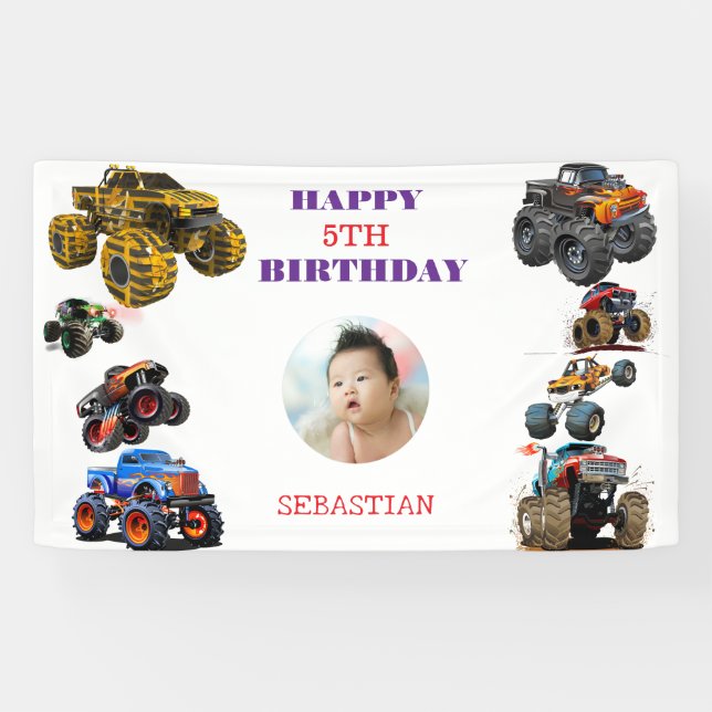 Photo Kids Monster Trucks boy Birthday Party  Banner (Horizontal)