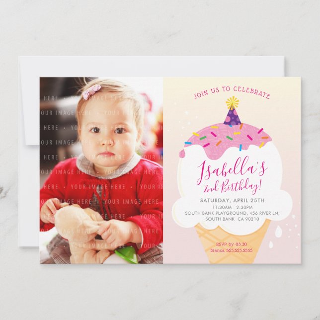 PHOTO KIDS PARTY INVITE retro ice-cream cone pink (Front)