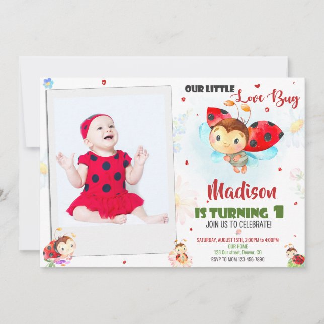 Photo Ladybug 1st birthday invitation Summer party (Front)