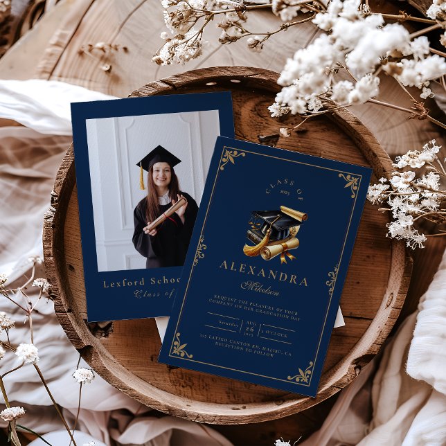 Photo Law School Graduation Modern Navy Blue Gold Invitation (Creator Uploaded)